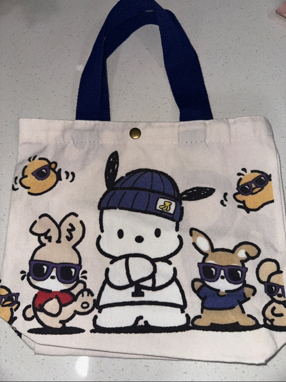 Sanrio White Canvas Tote with Navy Handles and Cute Character Print
